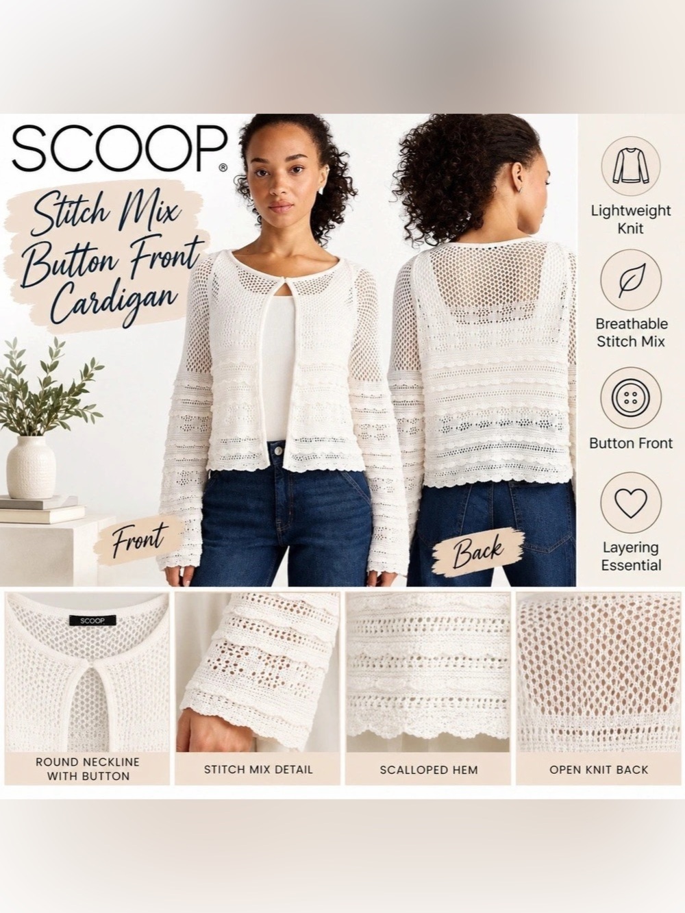 NWT Scoop Stitch Mix Button Front Cardigan Open Knit White size XL